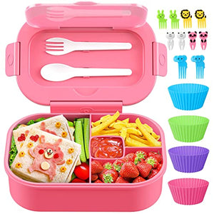 Kids Bento Lunch Box Leakproof Lunch Box with 4 Compartments Lunch Containers with Tableware Kids Bento School Lunch Boxes with Container 44oz, Microwave Dishwasher Freezer Safe (Blue)