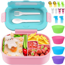 Cargar imagen en el visor de la galería, Kids Bento Lunch Box Leakproof Lunch Box with 4 Compartments Lunch Containers with Tableware Kids Bento School Lunch Boxes with Container 44oz, Microwave Dishwasher Freezer Safe (Blue)