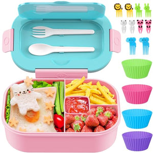 Kids Bento Lunch Box Leakproof Lunch Box with 4 Compartments Lunch Containers with Tableware Kids Bento School Lunch Boxes with Container 44oz, Microwave Dishwasher Freezer Safe (Blue)