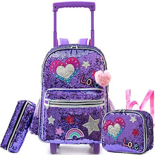 Cargar imagen en el visor de la galería, Backpack with Wheels for Girls Cute Rolling Pink Cat School Backpack Kids Sequin Roller Luggage Suitcase for Elementary Kindergarten Students with Lunch Box Pencil Case for Girls 5-12 Years Old