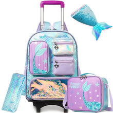Cargar imagen en el visor de la galería, Backpack with Wheels for Girls Cute Rolling Pink Cat School Backpack Kids Sequin Roller Luggage Suitcase for Elementary Kindergarten Students with Lunch Box Pencil Case for Girls 5-12 Years Old