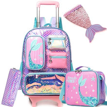 Cargar imagen en el visor de la galería, Backpack with Wheels for Girls Cute Rolling Pink Cat School Backpack Kids Sequin Roller Luggage Suitcase for Elementary Kindergarten Students with Lunch Box Pencil Case for Girls 5-12 Years Old
