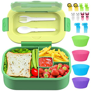 Kids Bento Lunch Box Leakproof Lunch Box with 4 Compartments Lunch Containers with Tableware Kids Bento School Lunch Boxes with Container 44oz, Microwave Dishwasher Freezer Safe (Blue)