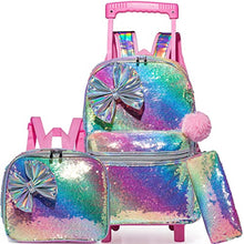 Cargar imagen en el visor de la galería, Backpack with Wheels for Girls Cute Rolling Pink Cat School Backpack Kids Sequin Roller Luggage Suitcase for Elementary Kindergarten Students with Lunch Box Pencil Case for Girls 5-12 Years Old