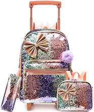 Cargar imagen en el visor de la galería, Backpack with Wheels for Girls Cute Rolling Pink Cat School Backpack Kids Sequin Roller Luggage Suitcase for Elementary Kindergarten Students with Lunch Box Pencil Case for Girls 5-12 Years Old