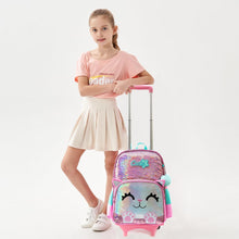 Cargar imagen en el visor de la galería, Backpack with Wheels for Girls Cute Rolling Pink Cat School Backpack Kids Sequin Roller Luggage Suitcase for Elementary Kindergarten Students with Lunch Box Pencil Case for Girls 5-12 Years Old