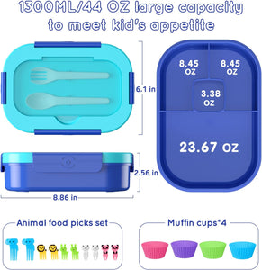 Kids Bento Lunch Box Leakproof Lunch Box with 4 Compartments Lunch Containers with Tableware Kids Bento School Lunch Boxes with Container 44oz, Microwave Dishwasher Freezer Safe (Blue)