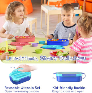 Kids Bento Lunch Box Leakproof Lunch Box with 4 Compartments Lunch Containers with Tableware Kids Bento School Lunch Boxes with Container 44oz, Microwave Dishwasher Freezer Safe (Blue)