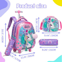 Cargar imagen en el visor de la galería, Meetbelify Unicorn Rolling Backpack for Girls Backpacks with Wheels for Elementary Preschool Students 3 in 1 Carry on Travel Luggage Kids Suitcase with Lunch Box Pencil Case for Girls Age 8-10