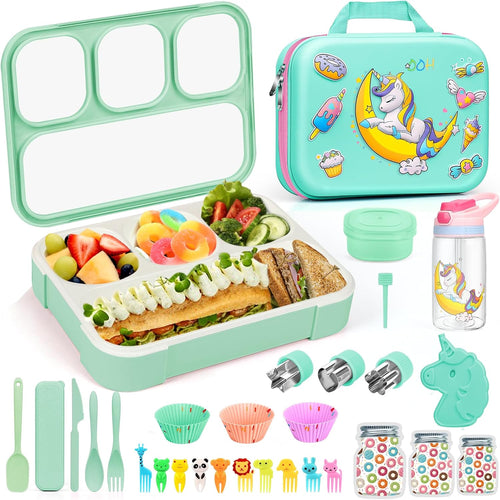 30Pcs Bento Box for Girls,Insulated Unique Lunch Bag Set 4 Compartments Lunch Box with Accessories Ice Pack Water Bottle Silicon Cap Spoon Fork Salad Container for Lunch Kids School Supplie,Green