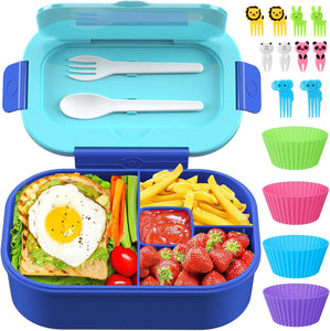 Kids Bento Lunch Box Leakproof Lunch Box with 4 Compartments Lunch Containers with Tableware Kids Bento School Lunch Boxes with Container 44oz, Microwave Dishwasher Freezer Safe (Blue)