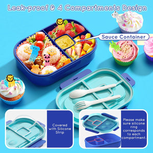 Kids Bento Lunch Box Leakproof Lunch Box with 4 Compartments Lunch Containers with Tableware Kids Bento School Lunch Boxes with Container 44oz, Microwave Dishwasher Freezer Safe (Blue)