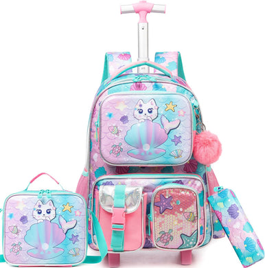 Meetbelify Cute Cat Rolling Backpack with Wheels for Girls Rolling Backpacks with Lunch Box for Elementary School Students 3 in 1 Kids Travel Luggage Suitcase for Girls Age 8-10