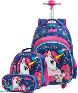 Meetbelify Unicorn Rolling Backpack for Girls Backpacks with Wheels for Elementary Preschool Students 3 in 1 Carry on Travel Luggage Kids Suitcase with Lunch Box Pencil Case for Girls Age 8-10