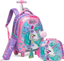Cargar imagen en el visor de la galería, Meetbelify Unicorn Rolling Backpack for Girls Backpacks with Wheels for Elementary Preschool Students 3 in 1 Carry on Travel Luggage Kids Suitcase with Lunch Box Pencil Case for Girls Age 8-10