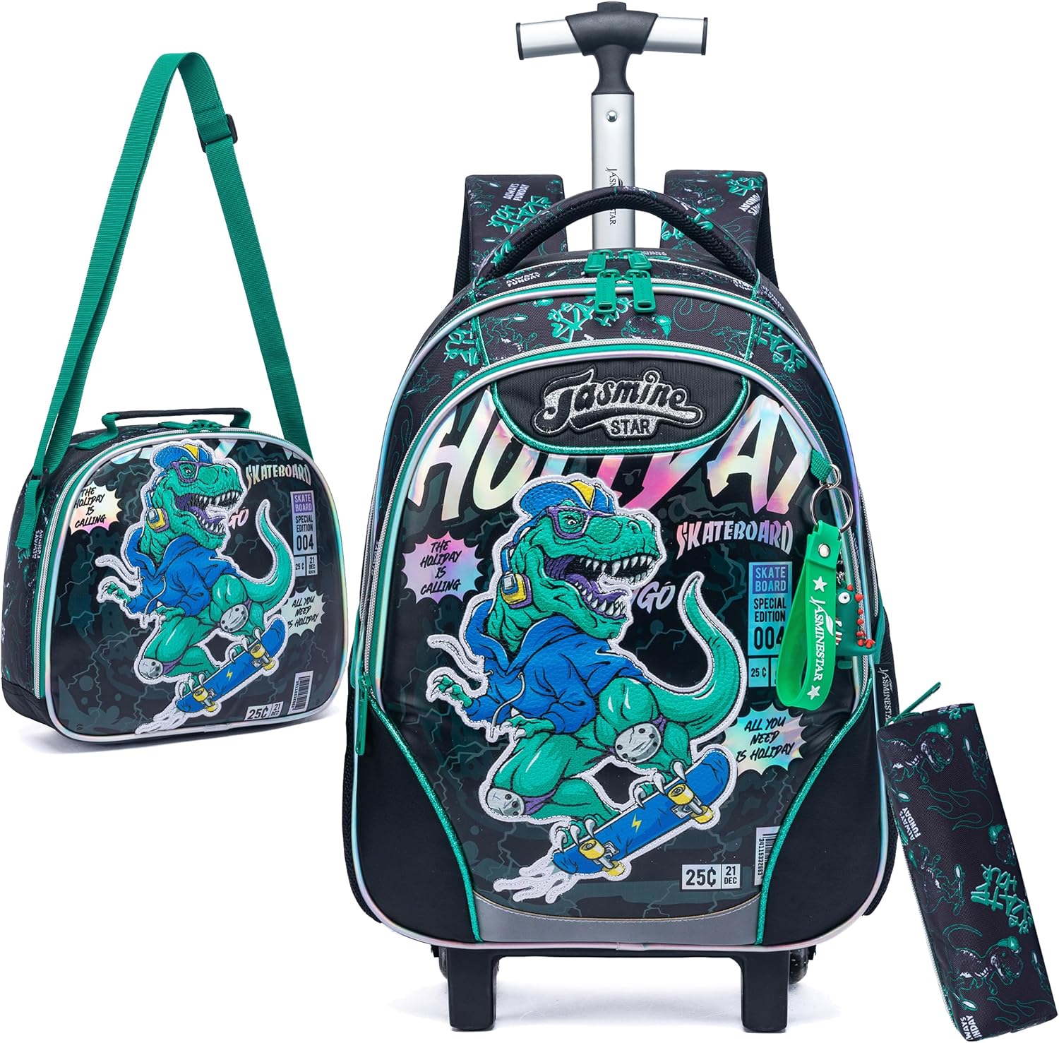 Set de mochila con rueda, lonchera y cartuchera Dinosaurio