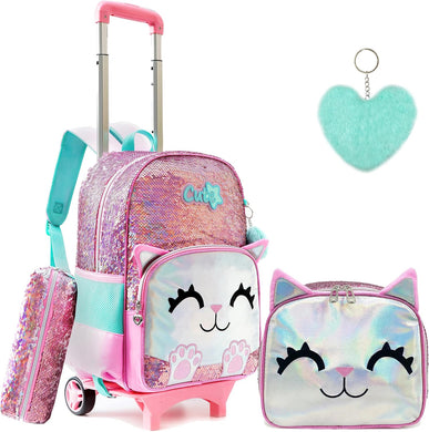 Backpack with Wheels for Girls Cute Rolling Pink Cat School Backpack Kids Sequin Roller Luggage Suitcase for Elementary Kindergarten Students with Lunch Box Pencil Case for Girls 5-12 Years Old