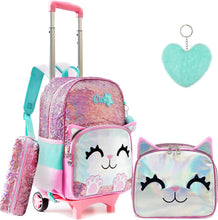 Cargar imagen en el visor de la galería, Backpack with Wheels for Girls Cute Rolling Pink Cat School Backpack Kids Sequin Roller Luggage Suitcase for Elementary Kindergarten Students with Lunch Box Pencil Case for Girls 5-12 Years Old