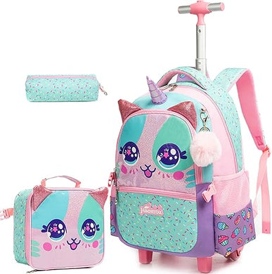 Set de Mochila con rueda, lonchera y cartuchera - Gatita Rosada