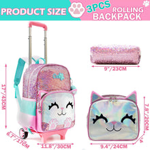 Cargar imagen en el visor de la galería, Backpack with Wheels for Girls Cute Rolling Pink Cat School Backpack Kids Sequin Roller Luggage Suitcase for Elementary Kindergarten Students with Lunch Box Pencil Case for Girls 5-12 Years Old