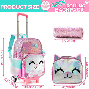 Backpack with Wheels for Girls Cute Rolling Pink Cat School Backpack Kids Sequin Roller Luggage Suitcase for Elementary Kindergarten Students with Lunch Box Pencil Case for Girls 5-12 Years Old