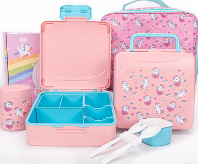 Set de Lonchera (Bento Box, Lonchera, Cubiertos, Termo para bebidas calientes)- Diseño Unicornio 1