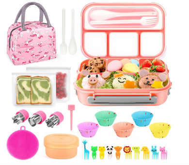 Set de Lonchera Completo- Bento Box, Lonchera y Accesorios (Modelo Unicornio Rosado)